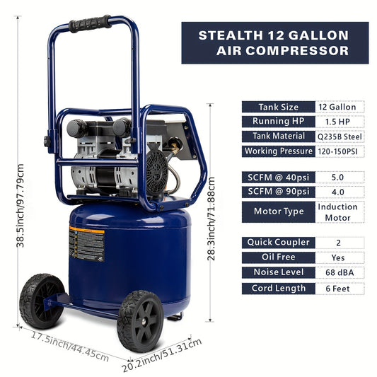 Ultra Quiet Air Compressor, 1.5 HP Oil-Free Peak 150 PSI 68 Decibel Air Compressor,5 CFM @ 40 PSI 4 CFM @ 90 P