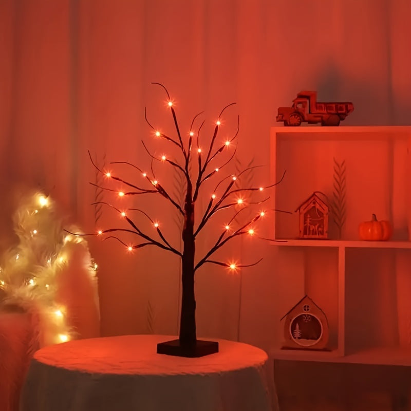 2 Pack, Halloween Party Decoration Artificial Tree Lights, Purple And Orange 24 LED Lights, 18 Mysterious Tree Light Accessories Comes With Random Gift, Powered By AA Batteries And USB