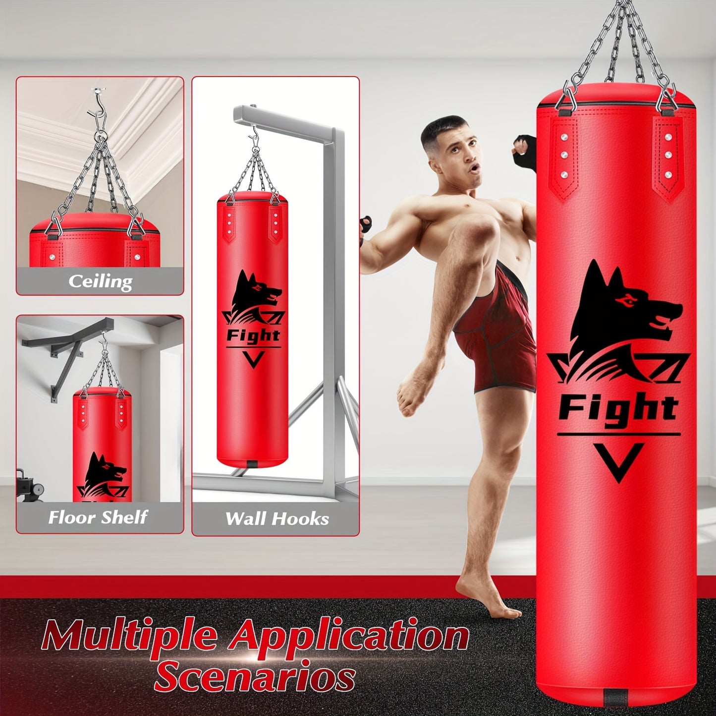 Hanging Punching Bag For Adults, Super PU Leather Boxing Training Equipment Heavy Bag With 12OZ MMA Gloves, Unfilled Kicking Bag Boxing Set For Training Karate Kickboxing Muay Thai