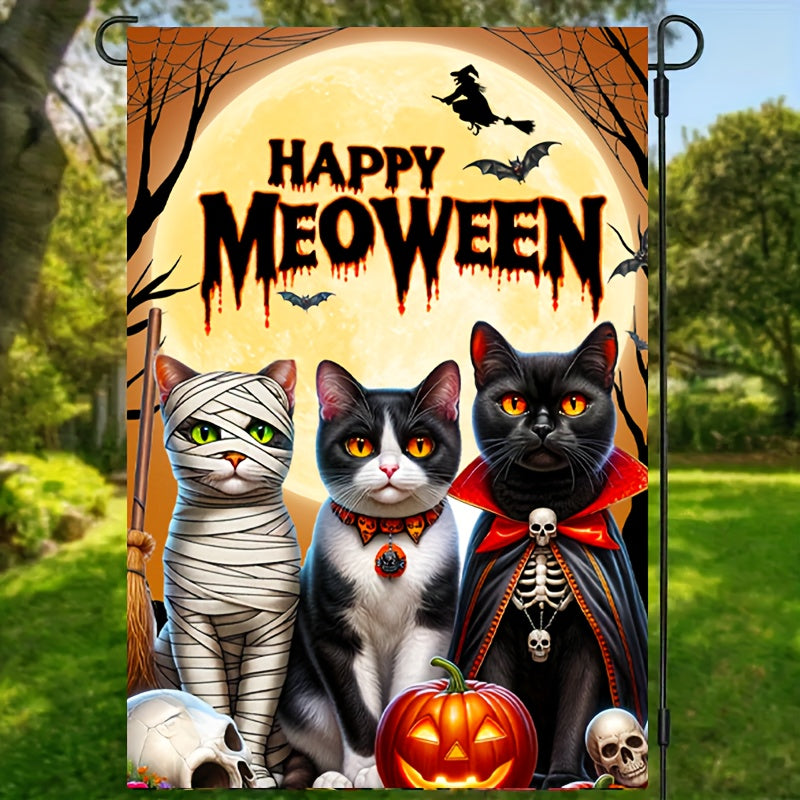 Spooky Halloween Cat Banner with Mummy, Vampire & Witch - Versatile Indoor/Outdoor Decor for Garden & Patio