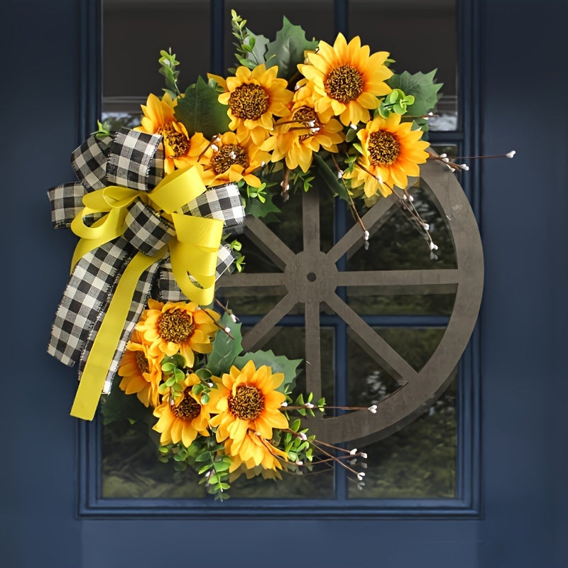 Autumn Sunflower Wheel Wreath - Perfect for Fall, Thanksgiving & Harvest Season Decor | Artificial Floral Garland for Outdoor Festivities & Window Display