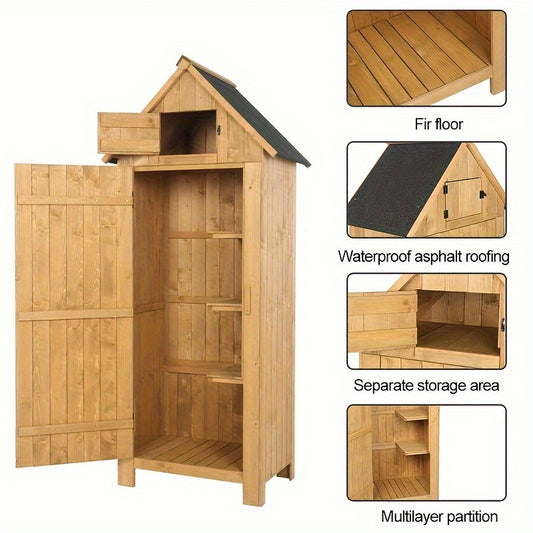 1pc Wooden Garden Shed With Single Door, Cedar Wood Storage Cabinet For Outdoor Use, Wooden Storage Cabinet, Garden Tool Organizer, Home Essential