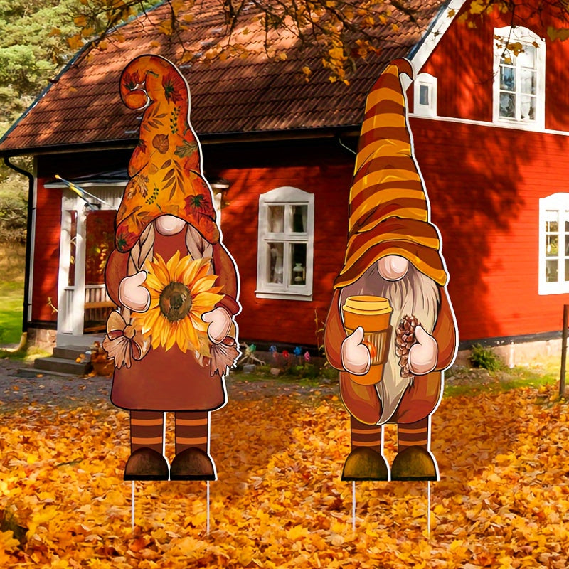 Autumn Harvest Gnome Yard Signs - Set of 3 with Wooden Stakes, Pumpkin-Themed Outdoor Lawn & Garden Decor for Fall and Thanksgiving