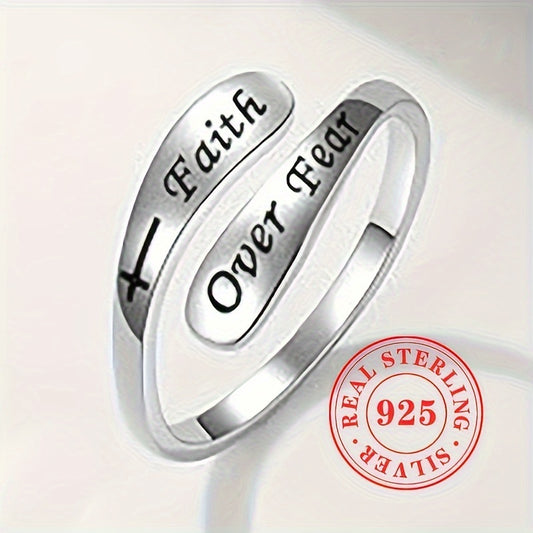 925Sterling Silver "Faith Over Fear" Adjustable Open Band Ring, Vintage & Minimalist Style Bypass Ring Inspirational Religious Jewelry Gifts For Men & Women