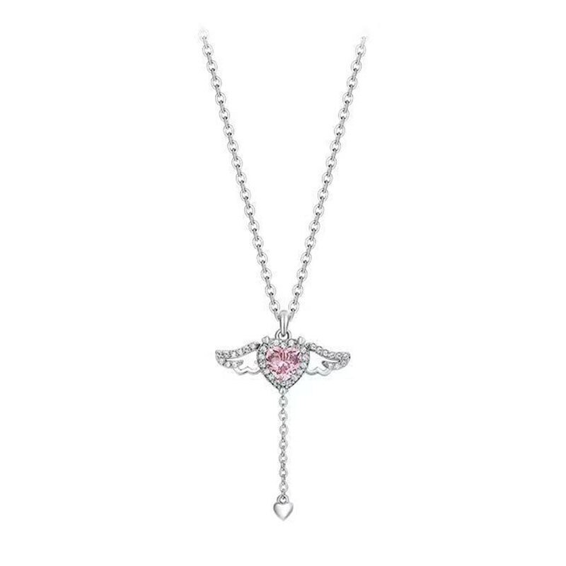 2023 Crystal Angel Wings Heart Pendant Necklace Y2K Girl Simple Pink White Zircon Love Elegant Ladies Necklace Women Jewelry