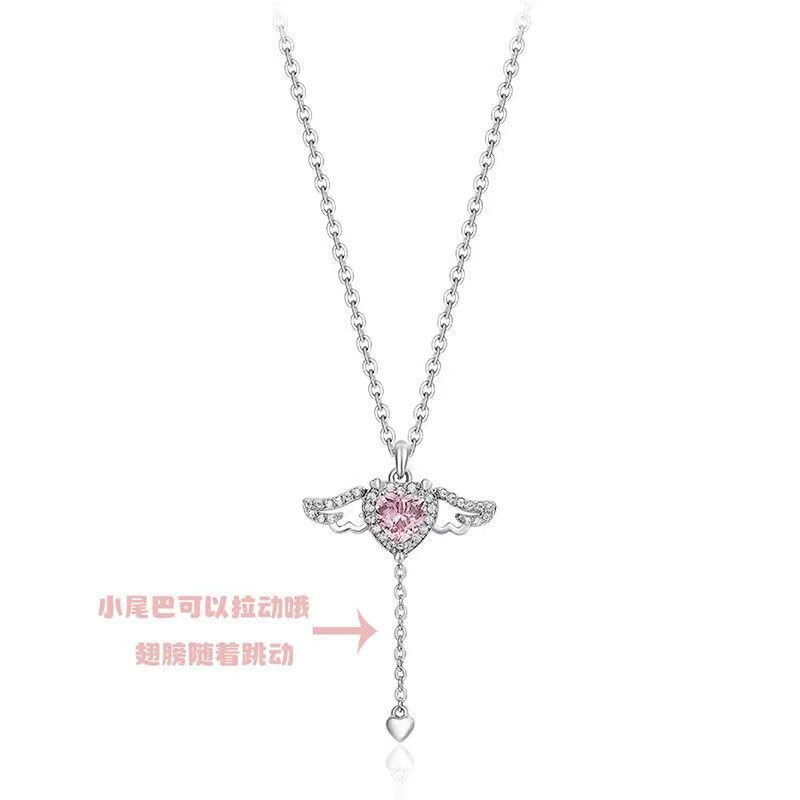 2023 Crystal Angel Wings Heart Pendant Necklace Y2K Girl Simple Pink White Zircon Love Elegant Ladies Necklace Women Jewelry